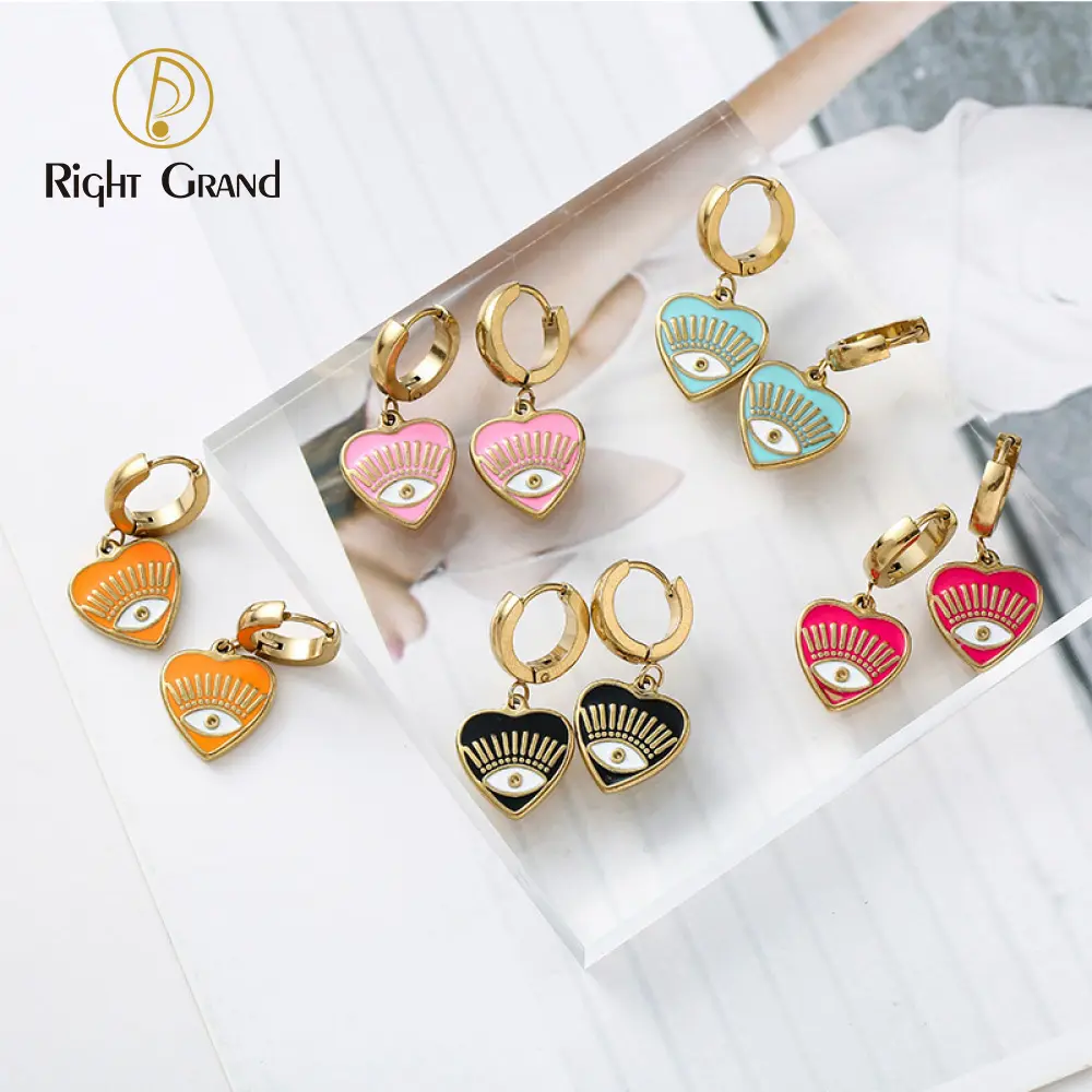 Punk Gold Plated Stainless Steel Eyes Drop Earrings Stainless Steel Drop Oil Eye Heart Earring For Girls