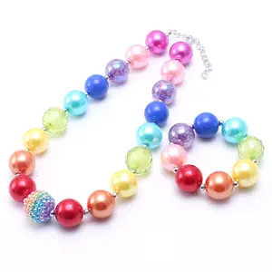 Wholesale Fashion Styles Kids Baby Girls Jewelry Gift Set Rainbow Colorful Pearl Chunky Beaded Necklaces and Bracelets Set