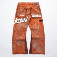 Jean taille haute Hip Hop orange délavé, coupe ample, avec logo graffiti bulle imprimé sur le dos, 3 imprimés flèches, ourlet brut, étiquette en cuir, personnalisé OEM