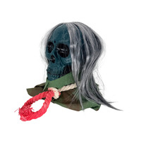 Tête de squelette suspendue avec corde, accessoire d'Halloween, cheveux gris, tissu vert, ornement de crâne effrayant, décoration murale pour maison hantée, intérieur/extérieur