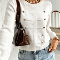 Pull en tricot épais à col haut et manches longues pour femme, style français, boutons double boutonnage (personnalisable) 100% polyester