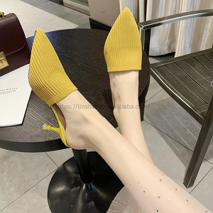 Factory Wholesale New Women Wear Fashion Woven Half Slippers Pointed Bag Head Thin <b>Heel</b> Sandals - Product Image 4