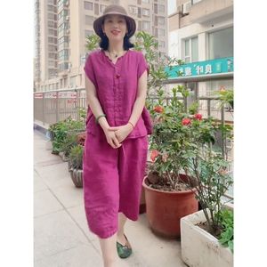 Women's Cotton Linen Two Piece Set Sleeveless Shirt Wide Leg Pants Rose Red Breathable Casual Suit Lw K2 - Product Image 1