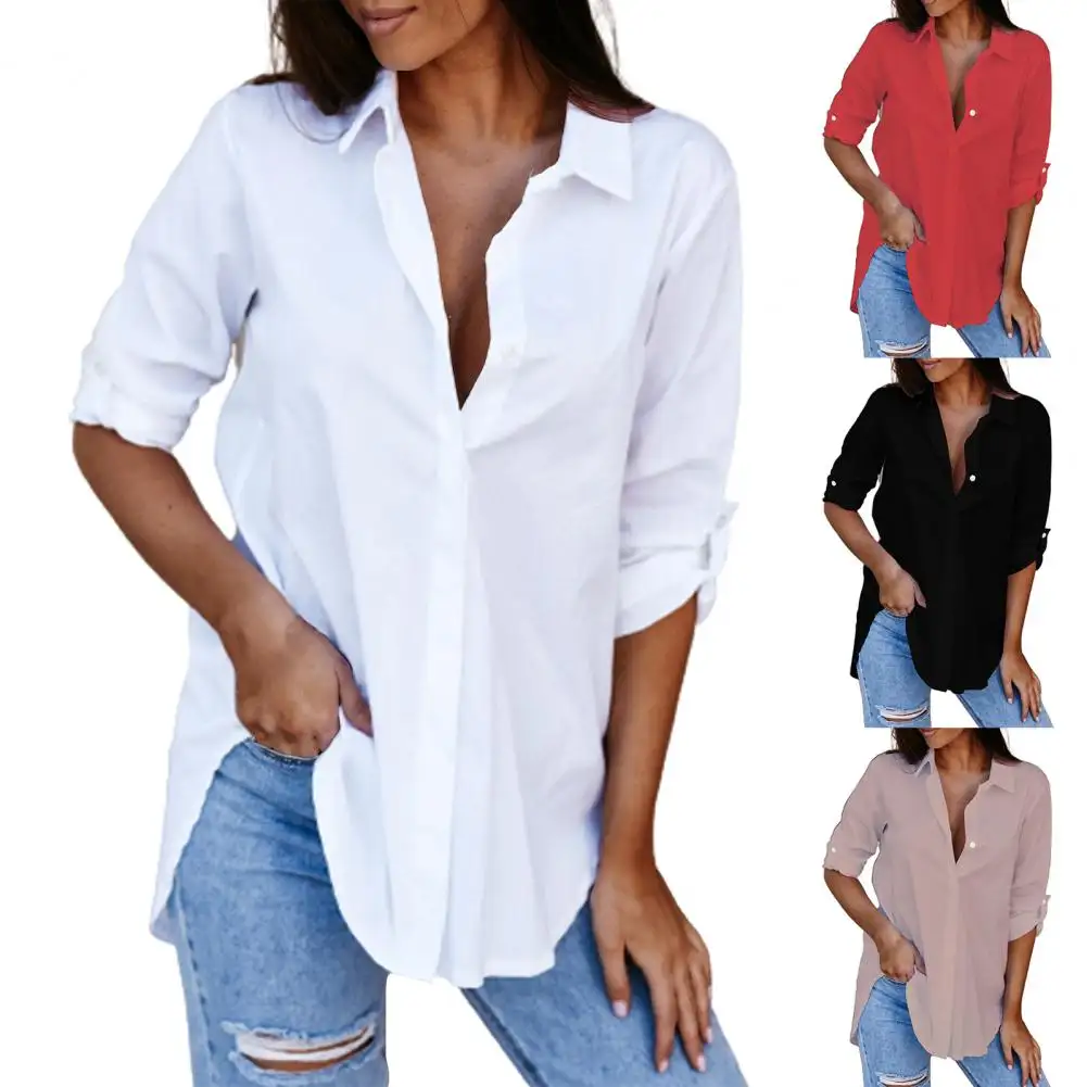 Camicia da bavero moda donna tinta unita scollo a V manica lunga tutte le partite Casual camicetta partito top donne 2021 2XL abbigliamento da ufficio