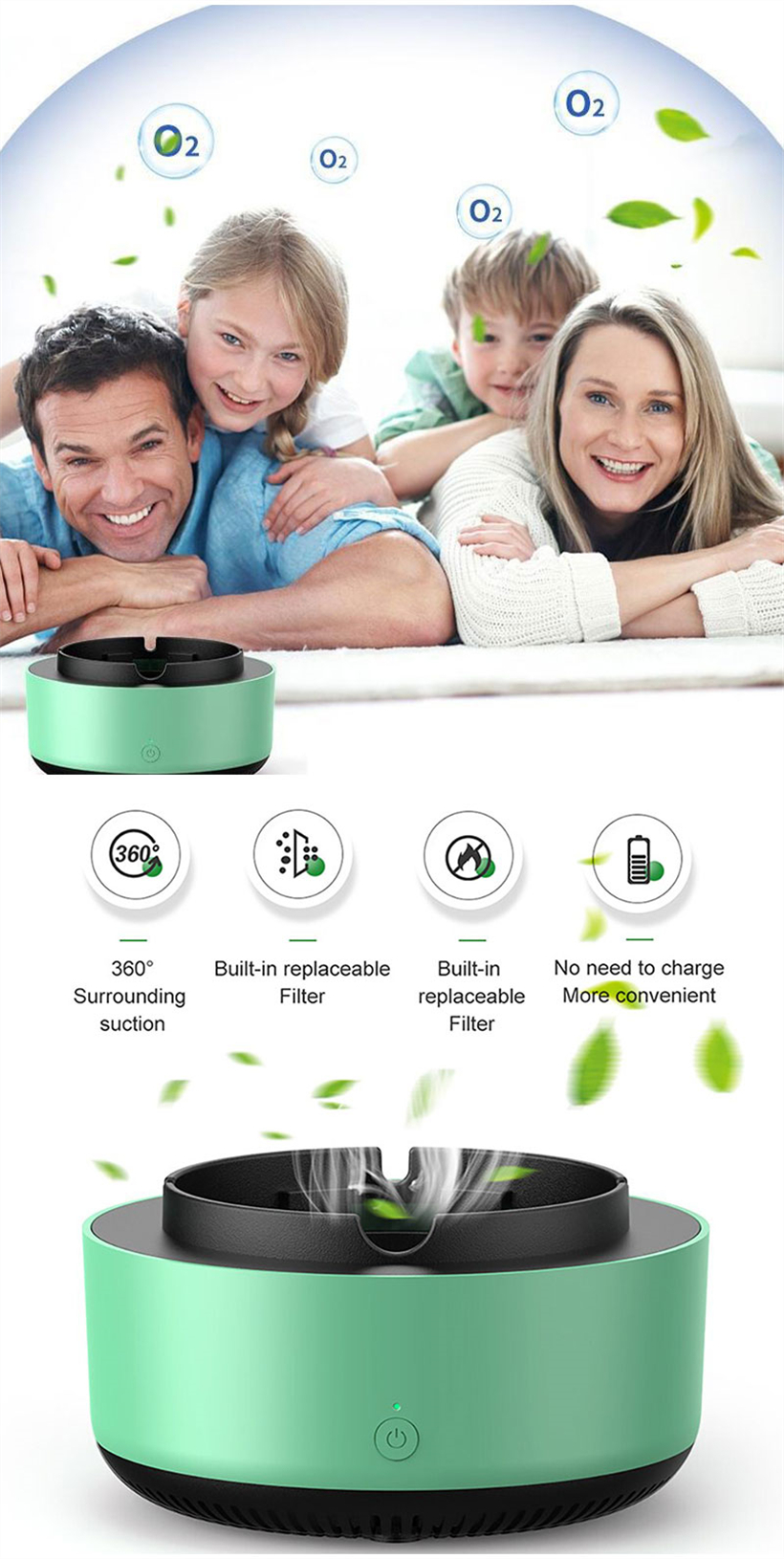 Multi-Purpose Ashtray with Air Purifier Features Ashtray Air Purifier for Home Portable Smokeless Air Purifier Ashtray