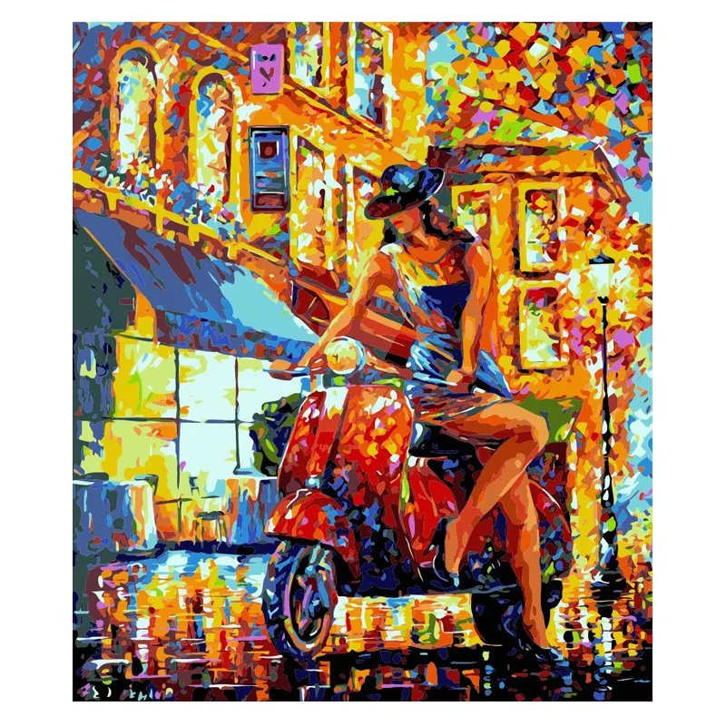 The Oil Painting By Numbers On Canvas Diy The Sexy Urban Girl Sitting On A Motorcycle On The Street Indoor Wall Decor