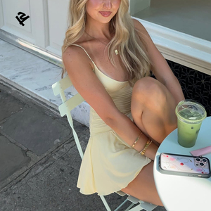 Abito Mini da Donna Personalizzato Giallo Chiaro con Spalline Sottili e Arricciature, Scollo a V Sexy, Vestito Aderente con Orlo Svasato, Abito Estivo Casual da Spiaggia per Signore - Product Image 2