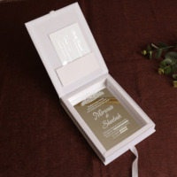 Invitations de mariage personnalisées en acrylique argenté brillant, faites à la main, impression blanche, boîte en velours rigide, papier de haute qualité
