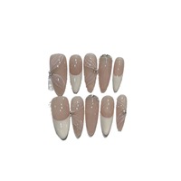 Faux ongles élégants et artistiques, couleur nude, avec ruban français, pré-conçus, portables, faits main, haut de gamme, prêts à poser, motif dessin animé