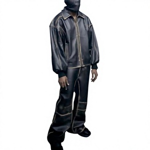 Men's Black Leather Look Tracksuit Full Sleeve Zipper Turn-<b>down</b> Collar Loose Fit Winter Streetwear Solid Color <b>Pants</b> and Jacket - Product Image 2