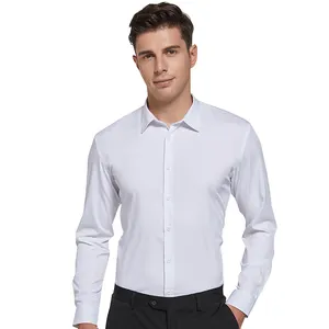 Moda formal homens de negócios branco elástico bambu fibra anti-rugas ajustes perfeitos evitar engomar escritório uniforme vestido camisa