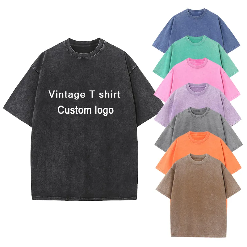 vintage style oversized acid wash streetwear distressed t-shirts 100% cotton plus size men's t shirts