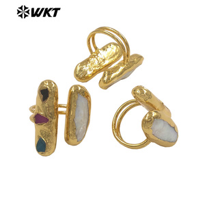 Anillos ajustables de perlas de agua dulce y piedra de ágata pequeña Natural chapada en oro de doble piedra de gran oferta de 2017 - Product Image 2