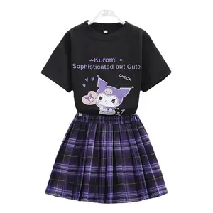 Academy Style Set T-shirt Short Skirt Gril's Summer JK Pleated Plaid A-Line Skirt Fashionable 2 Piece Set