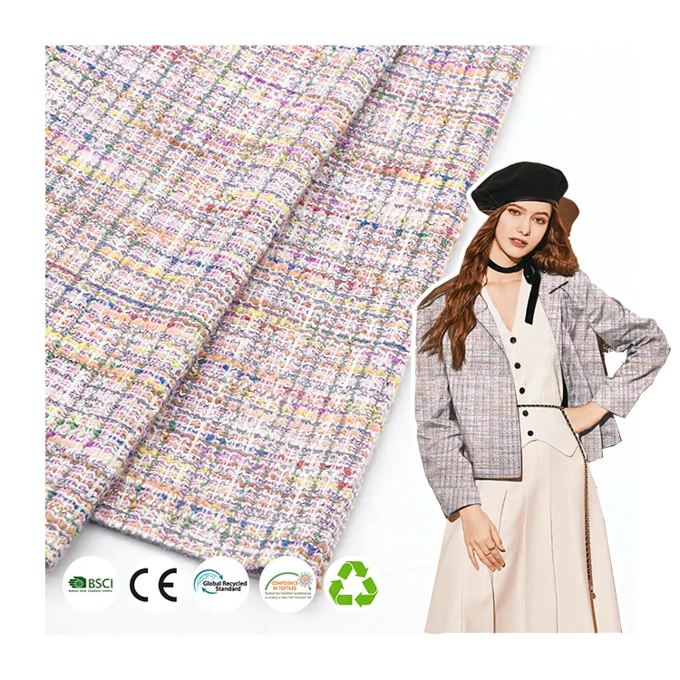 Изготовленная на заказ причудливая ткань для пальто 230gsm полиэстер искусственный шелк хлопок спандекс Chane стиль твид трикотажная ткань для женщин одежда