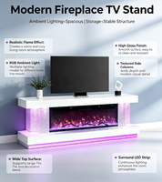 Meuble TV moderne avec foyer électrique haute brillance, lumière RGB, flamme 3D, unité multimédia avec haut-parleur Bluetooth, meuble de salon