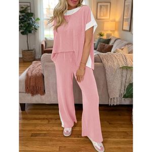 Ensemble Lounge 2 Pièces Personnalisé pour Femme : Hauts à Manches Courtes et Pantalons à Jambes Larges, Style Color Block Décontracté et Ample, Tenue Streetwear - Product Image 5