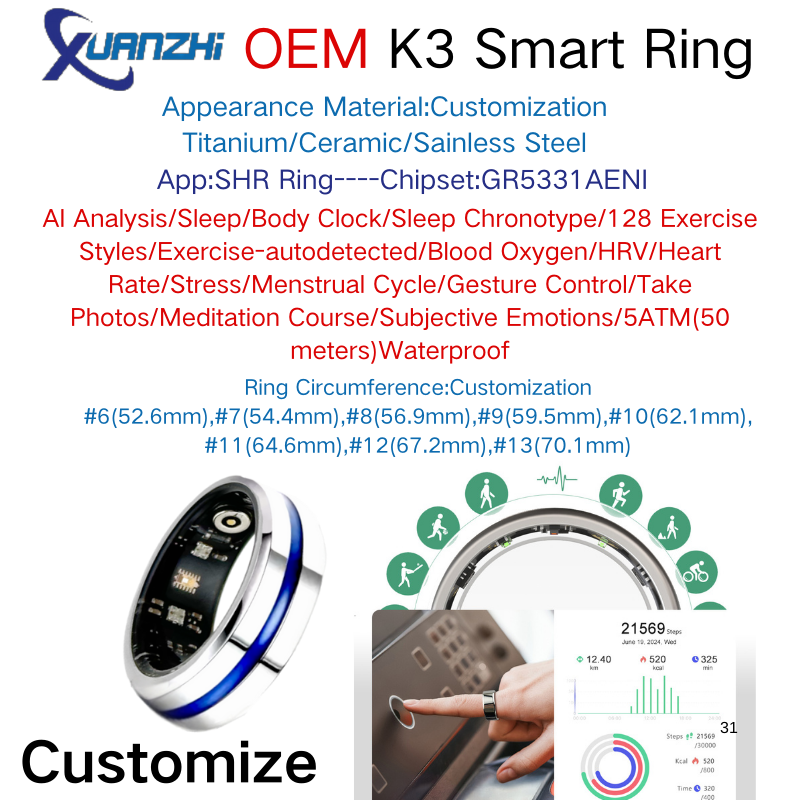 Customize Xuanzhi-K3-AI health-sleep-remote control-smart-ring