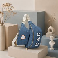 Sac banane unisexe en jean et toile, imperméable, forme oreiller, avec lettres en chenille motif dessin animé et fermeture éclair dorée, style décontracté urbain