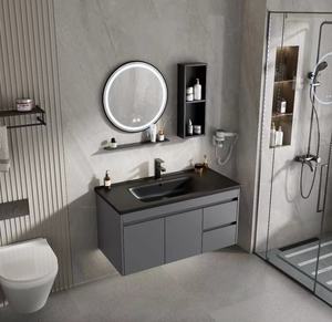 Hiện Đại Duy nhất bồn rửa tường phòng tắm Vanity tủ với gương thép không gỉ đen bàn trang điểm với Led Gương - Product Image 1