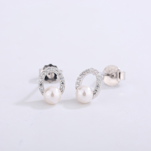 <b>Copper</b> Oval <b>Frame</b> Shell Pearl Stud Earrings with CZ Elegant Daily Wear Jewelry for Women - Product Image 2