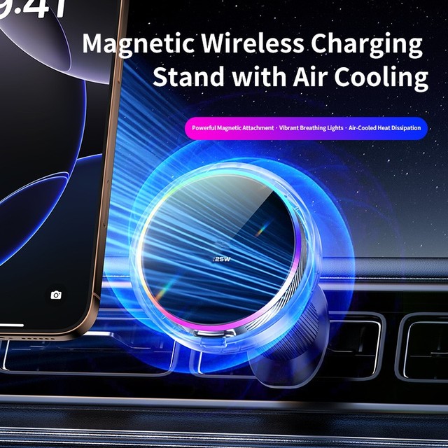 2026 New Product Multifunctional Strong Magnetic 25W Car Wireless Charging Stand with Air Cooling  with RGB Light for iPhone 17