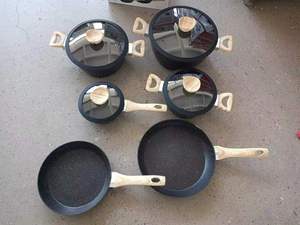 Offre Spéciale : Ensemble <span class=keywords><strong>de</strong></span> 10 Ustensiles <span class=keywords><strong>de</strong></span> Cuisine en Alliage d'Aluminium avec Revêtement Granit et Poignées Effet Bois, Antiadhésif, Idéal pour les Grandes Familles - Product Image 5