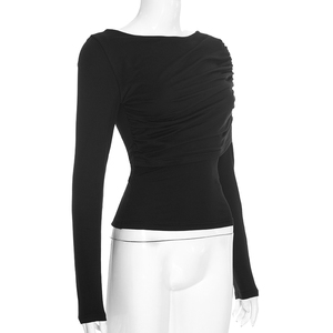 Viviblook Y26TP354 Haut décontracté à manches longues plissé uni sexy pour femmes, nouveau style automne - Product Image 4