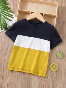 <span class=keywords><strong>T</strong></span>-<span class=keywords><strong>shirt</strong></span> décontracté à manches courtes en tricot compressé pour garçon, bleu marine, blanc, <span class=keywords><strong>jaune</strong></span>, col rond, taille plus, logo - Product Image 1