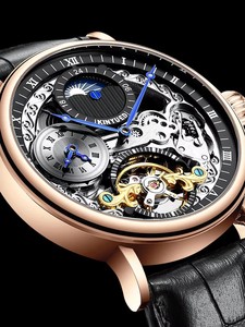 Montre mécanique automatique pour homme KINYUED, multi-fuseaux horaires, bracelet en cuir, phase de lune, étanche 3BAR, aiguilles lumineuses, vente en gros - Product Image 3