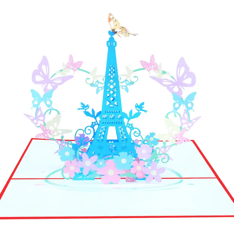 Personalizzazione carta artigianale torre Eiffel e farfalla 3d biglietto di auguri Pop-Up regalo romantico regalo di compleanno benedizione con busta