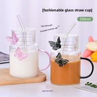 Gobelet en verre borosilicate rose monocouche de haute qualité avec paille papillon pour filles, idéal pour jus, lait, thé, eau - Usage domestique