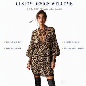 Abito da Donna Personalizzato OEM ODM con Scollo a V, Maniche Lunghe, Stampa Leopardata, Etichetta Privata, Vendita all'Ingrosso, Autunno - Product Image 1
