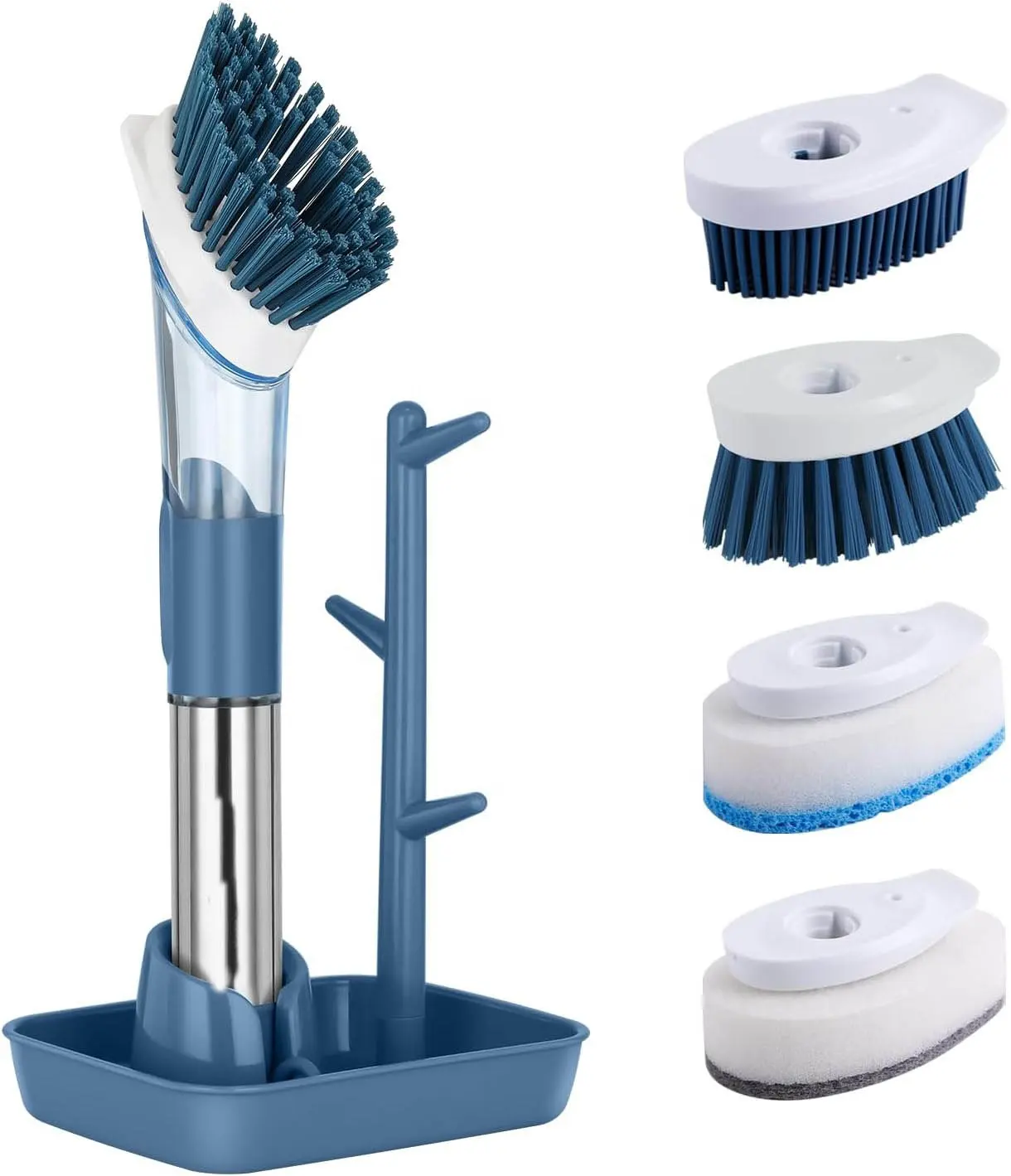 Dish Scrubber Brush with Soap Dispenser, Soap Dispensing Dish Brush with 4 Replaceable Heads for Dishes Pots Sink Cleaning