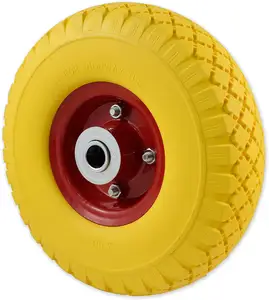 HKT1150 solid wheel yellow with red metal rim 10x3.00-4 flat free pu foam wheel