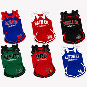 Ensemble de sport 2 pièces personnalisé pour petite fille, thème <span class=keywords><strong>cheerleading</strong></span>, imprimé équipe de football, haut à manches courtes et jupe-short, ensemble de yoga - Product Image 1