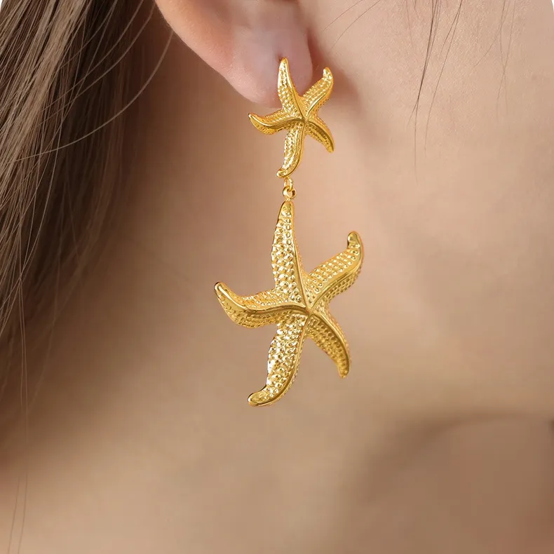 Wholesale Beach Jewelry Non Tarnish Statement Earrings Stainless Steel Waterproof 18k Gold Plated Summer Starfish Stud Earrings