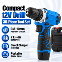 Kit combiné perceuse sans fil OEM 36 pièces, perceuse rechargeable au lithium-ion 12V avec 2 batteries, coffret d'outils pour la maison