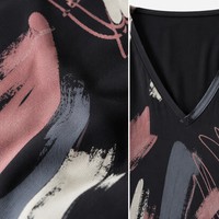 Robe midi femme en coton lavé 180 GSM, coupe évasée trapèze, manches courtes, imprimé abstrait, personnalisable avec logo OEM, vente en gros