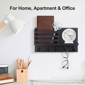 Wooden Wall Mounted <b>Shelf</b> Key Rack With <b>Hooks</b> For Entryway Mail Storage Rectangle Black - Product Image 5