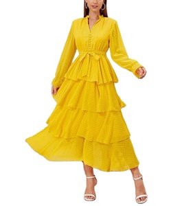 Robe élégante jaune à pois superposée avec volants et ceinture pour <span class=keywords><strong>femme</strong></span>, coupe midi décontractée, taille haute, fluide, légère, style vintage pour l'été - Product Image 1
