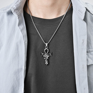 Ancient Egyptian Eye of Horus Anka Cross Necklace - Vintage Niche Cultural Symbol Protective <b>Titanium</b> Steel Pendant - Product Image 3