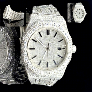 Montre de luxe pour homme avec cadran arabe serti de pierres, verre en cristal, pierres en moissanite, bracelet en acier inoxydable, résistance à l'eau 10 bars - Product Image 1