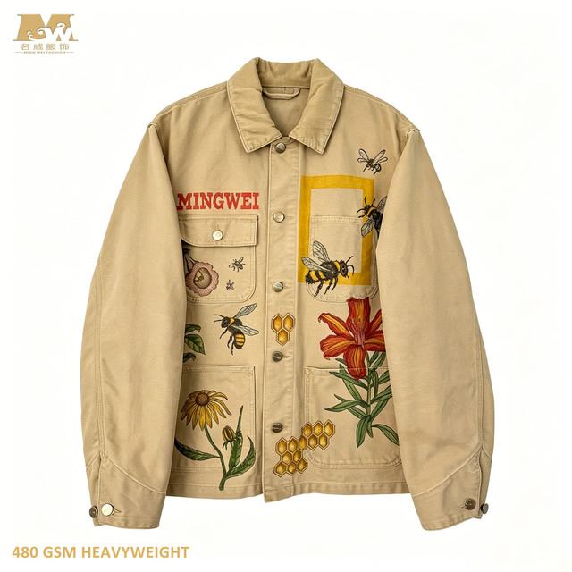 Beige Canvas 480 GSM Heavyweight Floral & Bee Print Multi-Pocket Workwear Jacket Nature Inspired Athleisure Distressed Jacket