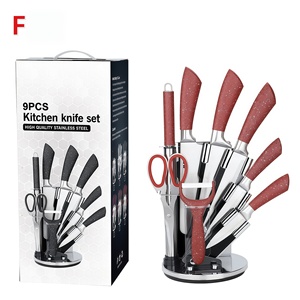 ชุดมีดครัว 9 ชิ้น ใบมีดสแตนเลสคมกริบ ด้ามจับ PP สีแดงด้านกันลื่น พร้อมแท่นวางมีดหมุนได้และอุปกรณ์เสริม - Product Image 1