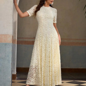 Romantic Women's Ball Gown Evening <strong>Dress</strong> Large Size White Lace Short-Sleeved Long-Length Modern Style
