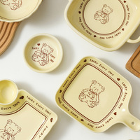 Ensemble de bols et assiettes en porcelaine pour enfants Lucky Bear, design de dessin animé, passe au micro-ondes, bol à double anse