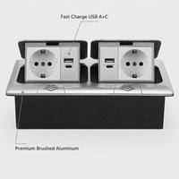 Prise de sol escamotable standard UE avec charge rapide USB A+C et prise réseau Cat6 RJ45 en aluminium brossé argenté