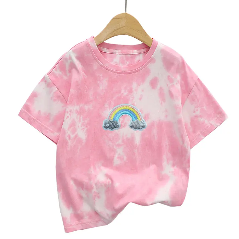 Pure Cotton Children's T-shirt Tie Dyed Trendy Rabbit Patch Kids Short Sleeve T-shirt for Boys and Girls