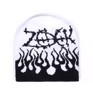 Direktvertrieb Großhandel Maßgefertigte Y2K Flammen-Strickmütze Gotische ZOET Jacquard-Muster Umschlagmütze Unisex Wintermütze - Product Image 5